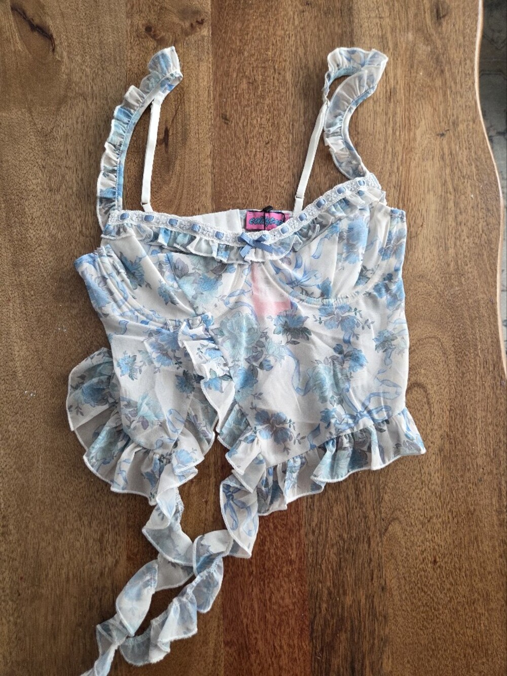 Edikted Floral Corset Ruffle Top - Light Blue & White
